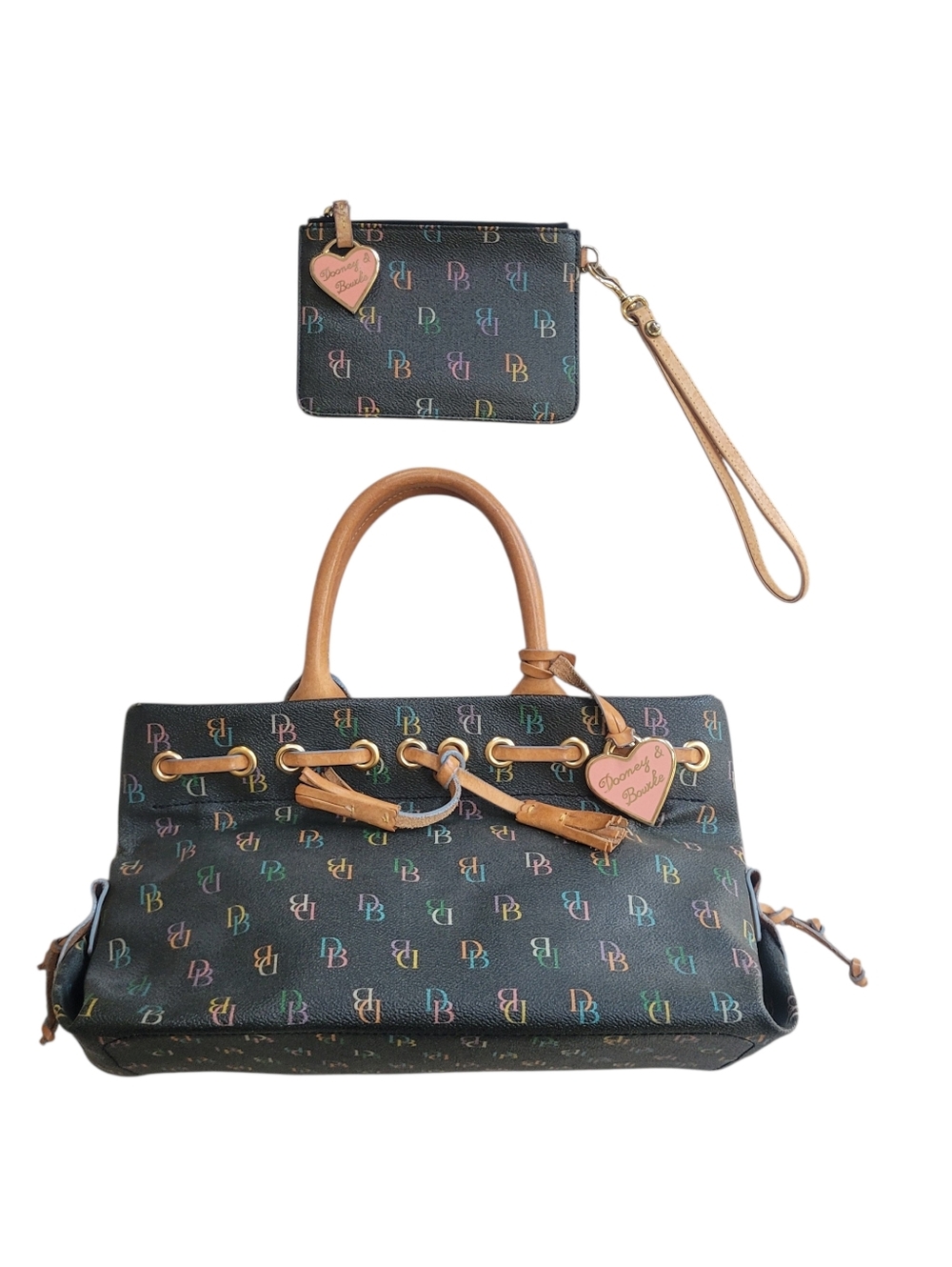 Dooney & Bourke Y2K Rainbow Monogram Satchel Coated Canvas Matching Wristlet - Picture 6 of 14